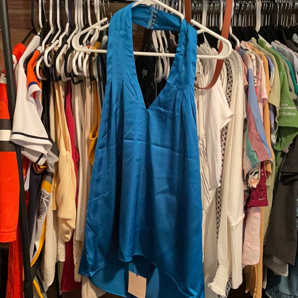 superdown Teal Blue Satin Halter Tank Top